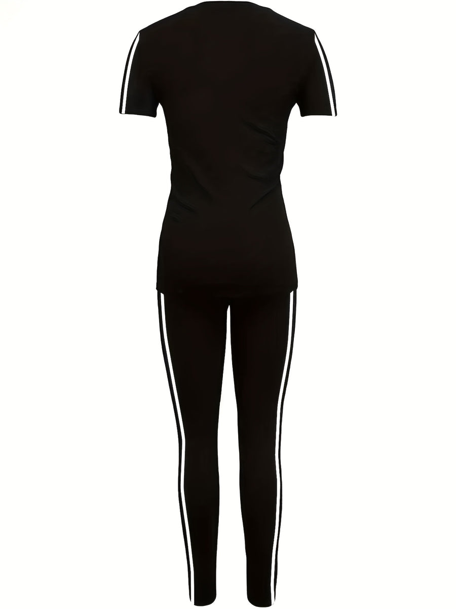 XDCMM22 European and American Women's Casual Sportswear Set, Loose-Fit Round Neck Short Sleeve and Long Pants 2pcs Set with Unique Print - Black