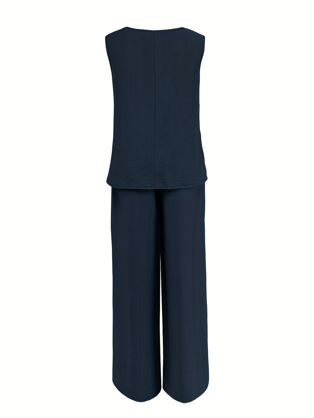 Women's Casual 2pcs Set Solid Color Loose Sleeveless V-Neck Tank Top + Wide-Leg Pants - Navy Color