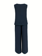 Women's Casual 2pcs Set Solid Color Loose Sleeveless V-Neck Tank Top + Wide-Leg Pants - Navy Color