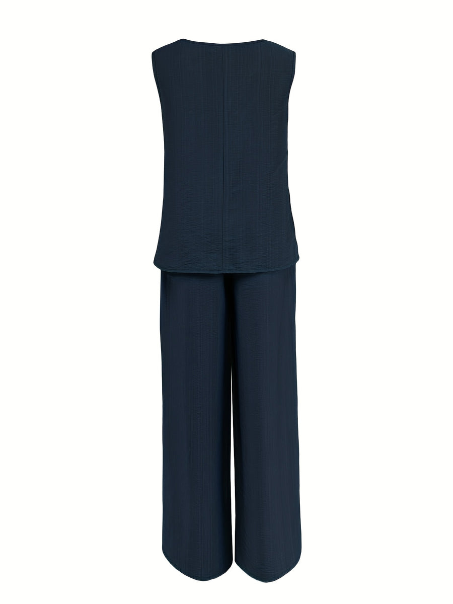 Women's Casual 2pcs Set Solid Color Loose Sleeveless V-Neck Tank Top + Wide-Leg Pants - Navy Color