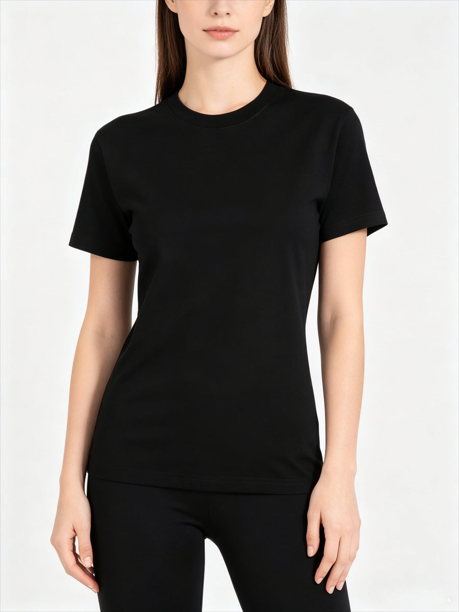 Women'S Casual Short Sleeve T-Shirt, Ladies Round Neck Slim Fit Inner Wear Bust-Enhancing Stretch Tight Solid Base Layer - Black