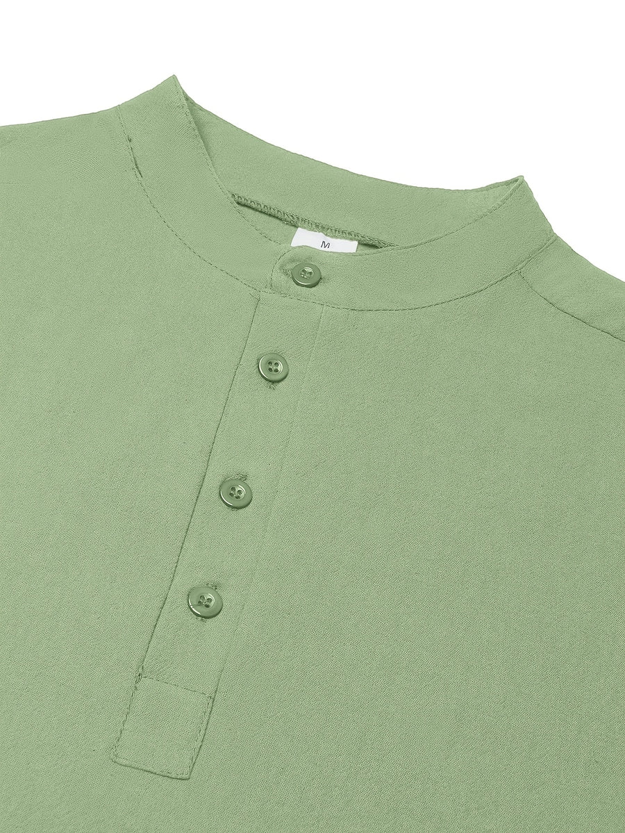 Men'S Spring Autumn New Thin Half-Button Stand Collar Linen T-Shirt Casual All-Match Athletic Trendy Fashion Commuting Fitness Thin Comfortable Loose Long Sleeve T-Shirt - Olive Green