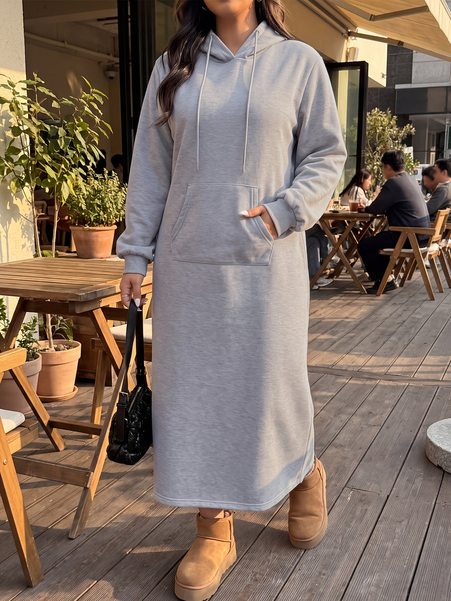 Women's Long Sleeve Hooded Sweatshirt Dress with Drawstring Hood, Design, Soft Fabric, Comfortable and Warm, Suitable for Daily Casual Wear, Outings, and Dates, Stylish and Versatile, Elegant and Exclusive - Grey