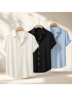 Men's Casual Shirt, 3pcs Set, Loose and Elegant, Comfortable Fabric, Suitable for Vacation, Camping, and Beach Party Outfits - Ivory White/Black/Sky Blue