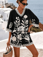 Women's Elegant Bohemian Style Floral Print Loose Top, Shorts, and Set - Wilderness - Black