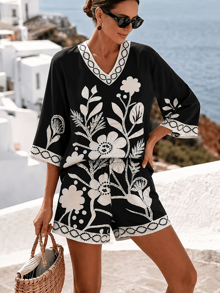 Women's Elegant Bohemian Style Floral Print Loose Top, Shorts, and Set - Wilderness - Black