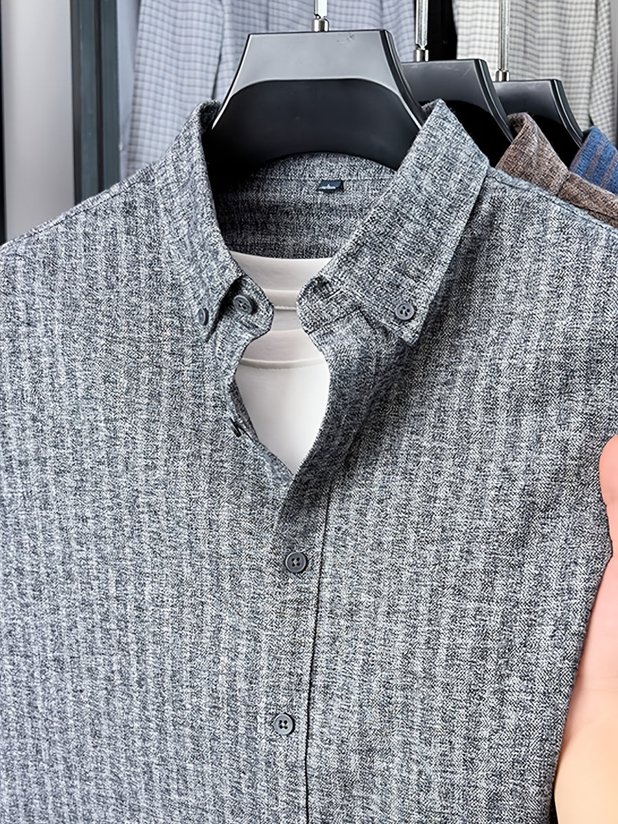 Men's Brushed Vertical Stripe Long-Sleeve Shirt, Vintage Vertical Stripes, Loose Casual Fit, Suitable for Autumn and Early Winter - SINBOS - Gray Stripe