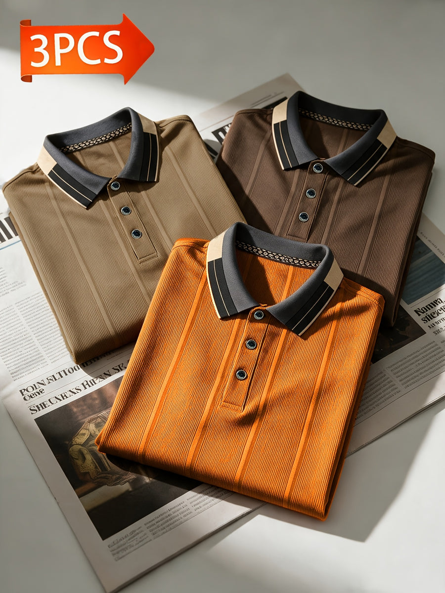 [Pearson OBM] Men'S Textured Jacquard Fabric Fashion Short Sleeve T-Shirt 3pcs Set, Suitable for Daily Casual Outings And Work Wear, Ideal Men'S Holiday Gift - Khaki+Coffee+Caramel