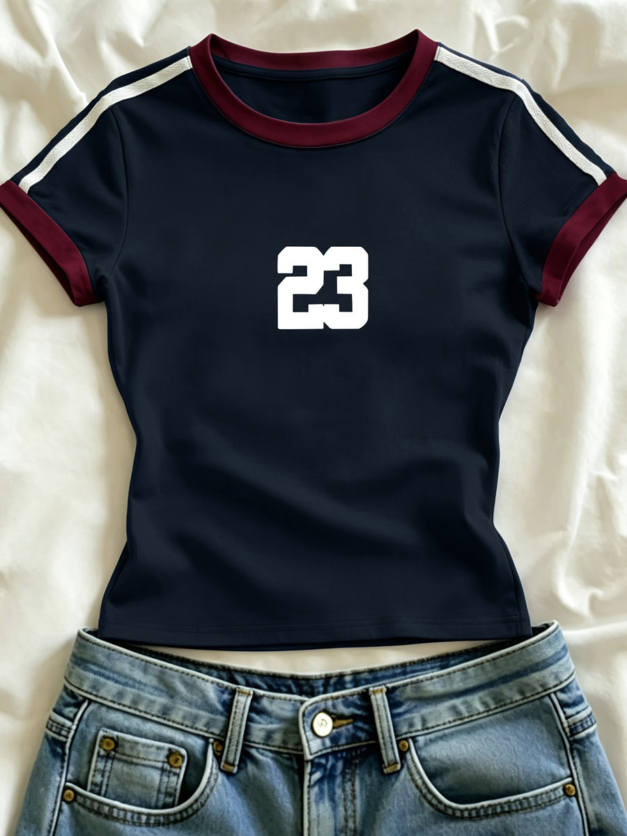 1pc Western Fashion Spring Summer Campus Style Square Shoulder Round Neck Contrast Slim Fit Women'S T-Shirt, Easy Number Pattern Women'S T-Shirt - navy blue 1