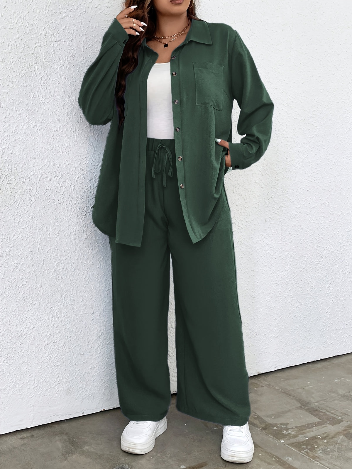 Plus Size - Ladies Fashion Plus Size Two-Piece Set - Dark Green
