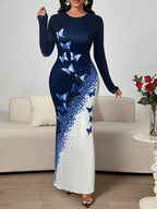 Women's Printed Elegant Round Neck Long Sleeve Dress - Navy Color