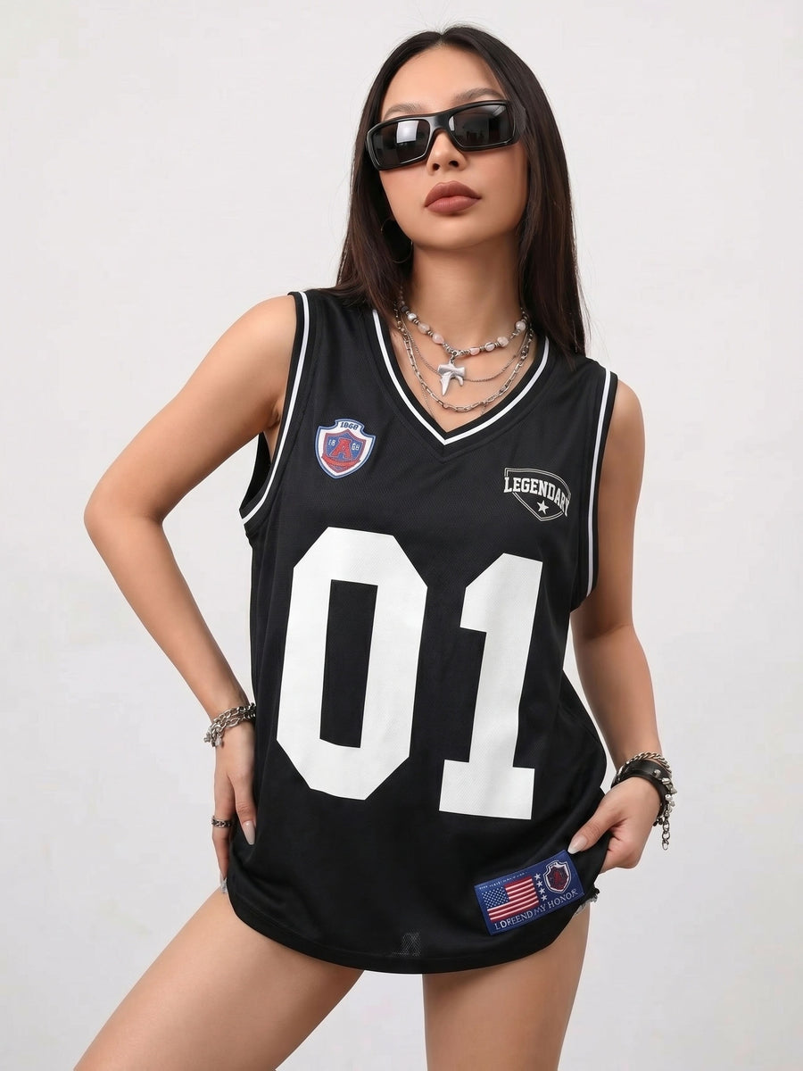 Women's Spring/Summer Street Style Breathable Mesh Digital Print Basketball Tank Top - Black
