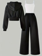 Directional Elegant Casual Hooded Jacket Women'S Pants 3pcs Set - Black