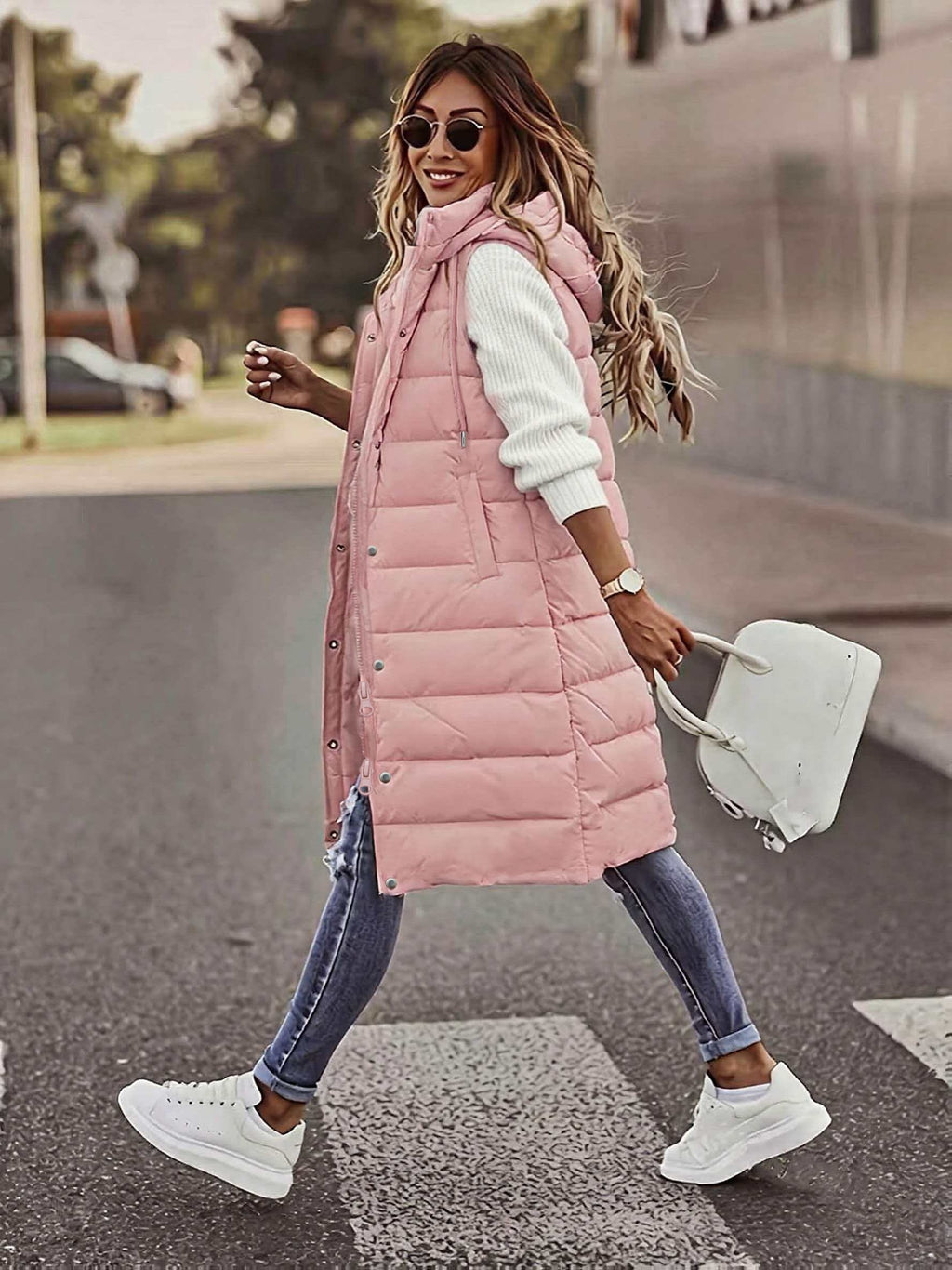 Women'S Stand-Up Collar Hooded Mid-Length Warm Quilted Vest Jacket, Double-Ended Zipper Design, Outer Placket Button Structure, Sleeveless Slim Fit, Lightweight And Comfortable, with Practical Pockets - Pink Color