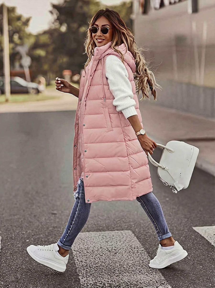 Women'S Stand-Up Collar Hooded Mid-Length Warm Quilted Vest Jacket, Double-Ended Zipper Design, Outer Placket Button Structure, Sleeveless Slim Fit, Lightweight And Comfortable, with Practical Pockets - Pink Color