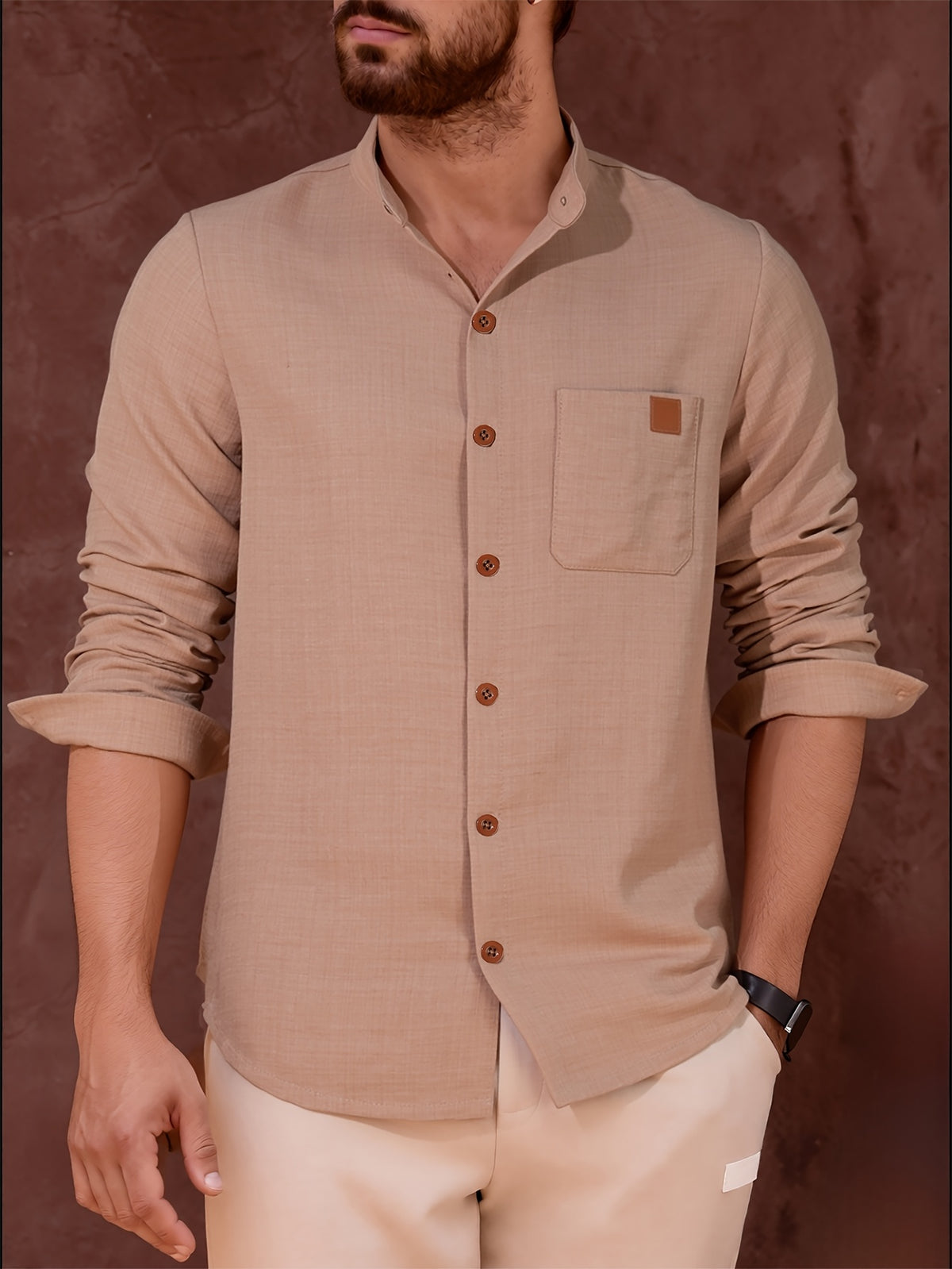 Men's Simple Solid Color Shirt with Stand Collar and Long Sleeves - Khaki 1