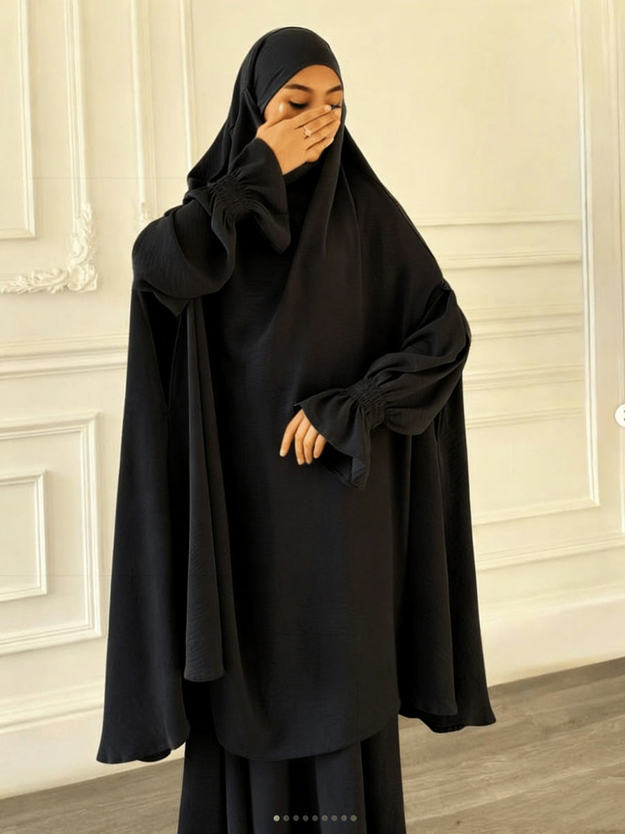 Abaya Middle Eastern Islamic Clothing Loose Comfortable Robe Headscarf with Long Sleeve Dress Two-Piece Set P403 - Black