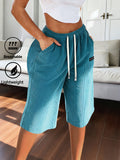 Women'S Summer Lightweight And Breathable Corduroy Fabric Casual Cropped Pants with Drawstring Waist And Back Pockets, Fashionable Shorts for Dating, Commuting, Vacation, And Daily Wear - Blue