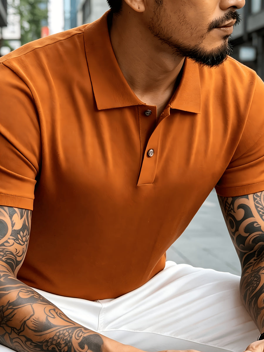 Men's Knitted Short-Sleeve Polo Shirt - Urban Street Scene Exterior Shot, Slim Fit, Lapel Collar, Two-Button, Business Casual Commuter Thin Top, Solid Color Knit Top with Embroidered Cuff Design - Emma Orange