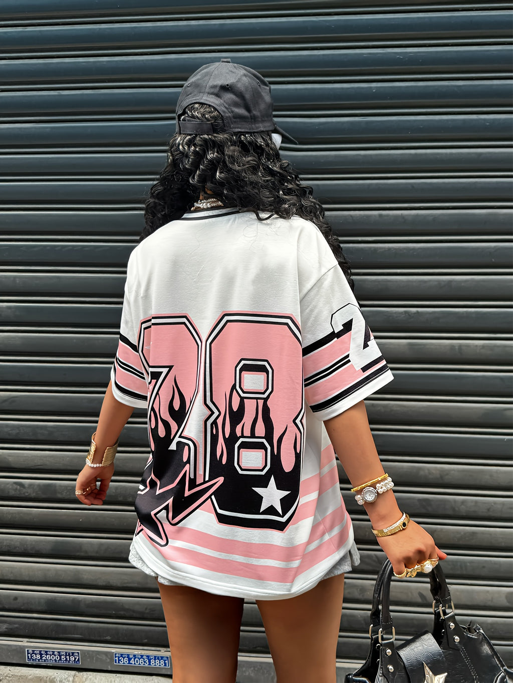 1pc Women's Y2K street style short sleeve T-shirt, letter + 28 flame print, V-neck drop shoulder design, loose color-blocked short sleeve, summer fashion item - Mixed colors