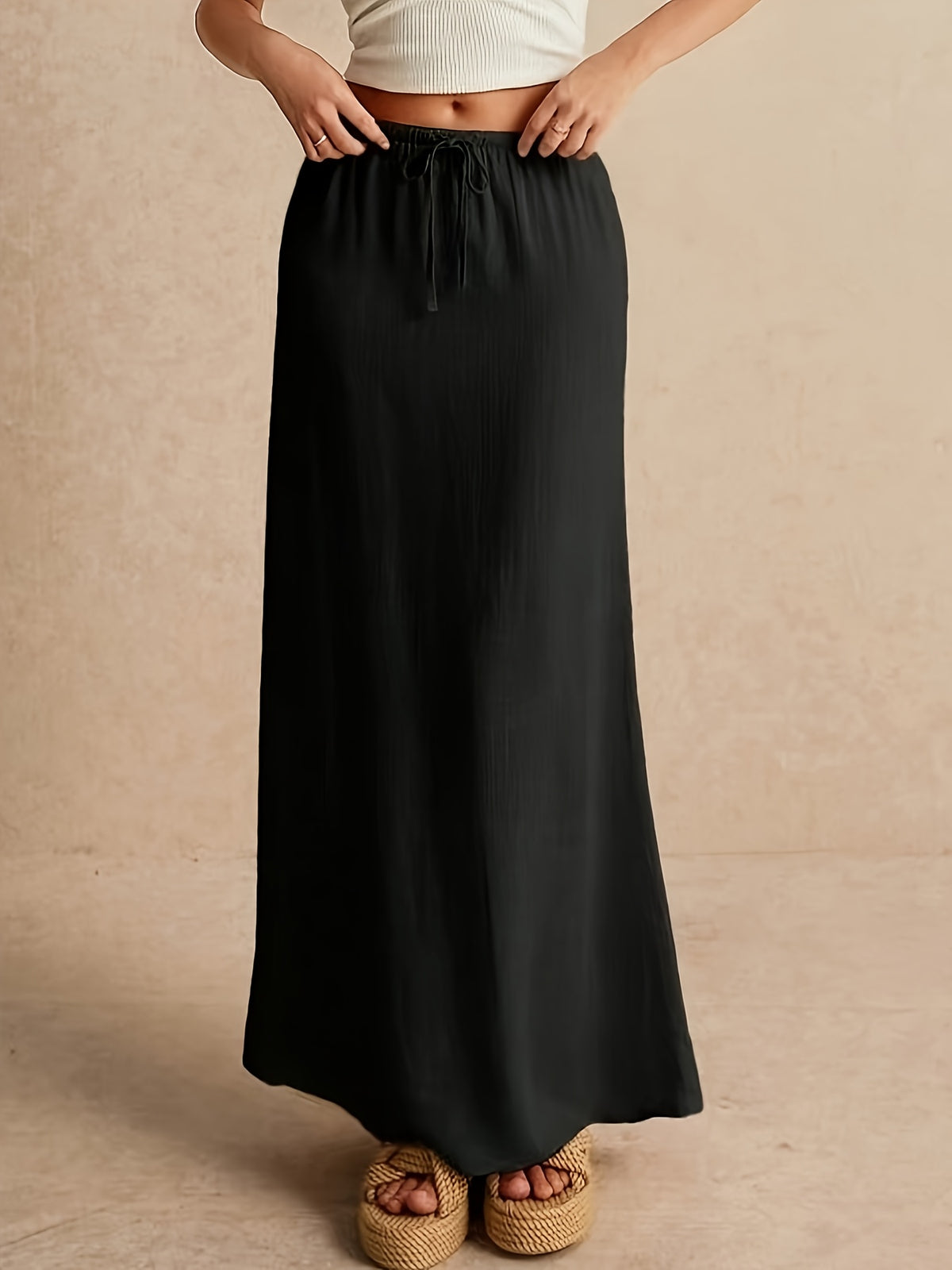 WY260406187 Women's Bamboo Joint Fishtail Skirt, Solid Color Simple Drawstring Skirt, Stylish All-Season Versatile Style, Suitable for Casual and Formal Outfits - Black