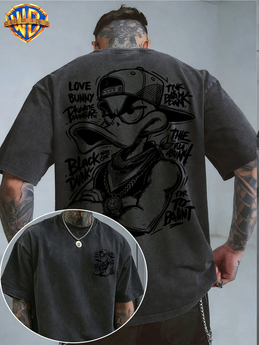 Warner Bros. Official License Hand-Drawn Sketch Print, Street Graffiti Style, American Retro Washed Distressed T-Shirt, Suitable for Daily Commute And Outdoor Wear, Machine Washable, Unisex - Black