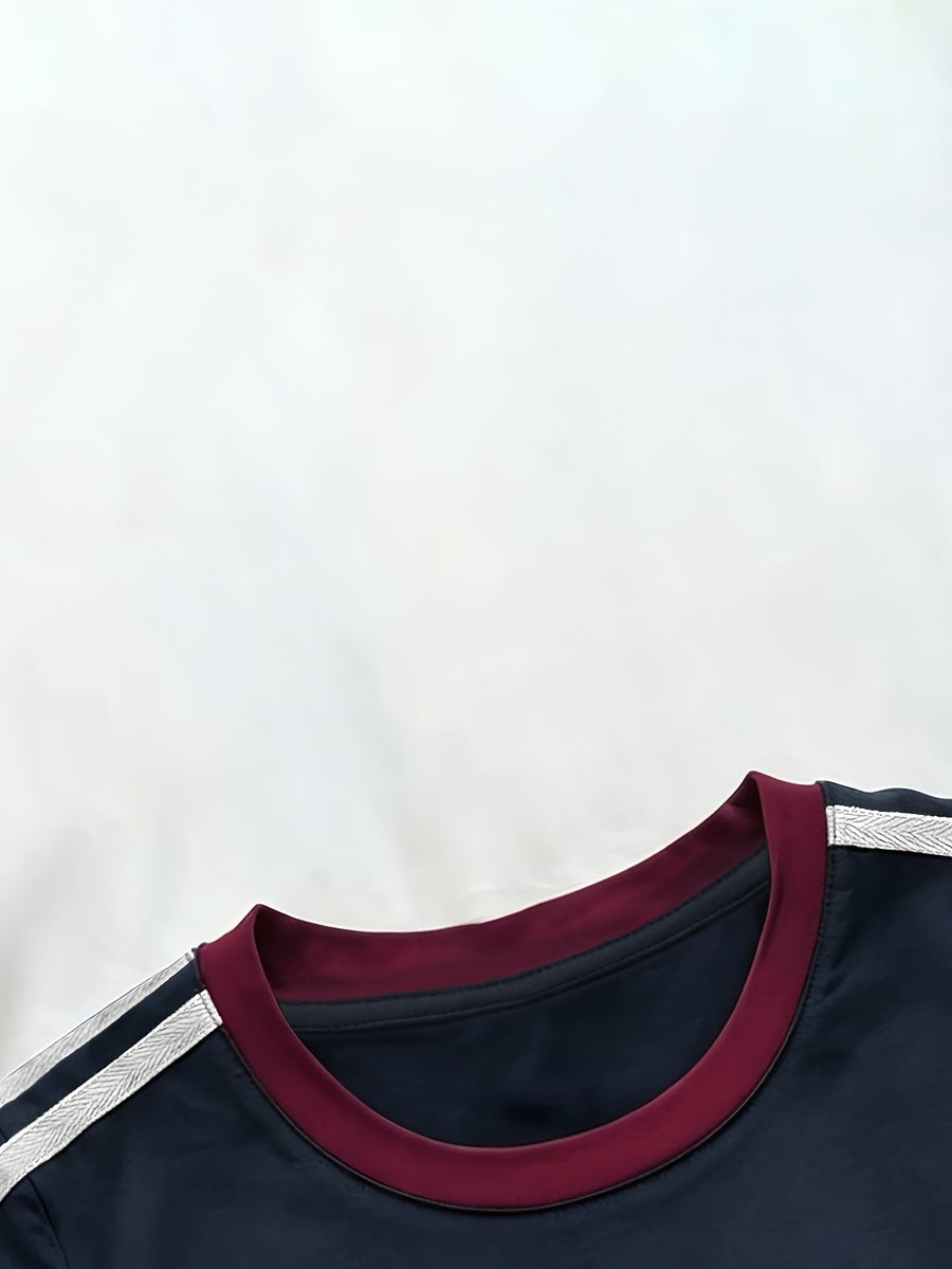 Women's Regular Shoulder-to-shoulder Fit, Round Neck, Color-blocked, Slim-fit, Simple Line Pattern Print, Trendy Niche, Casual, Minimalist, Y Short-sleeve T-shirt Top - Navy Blue 2