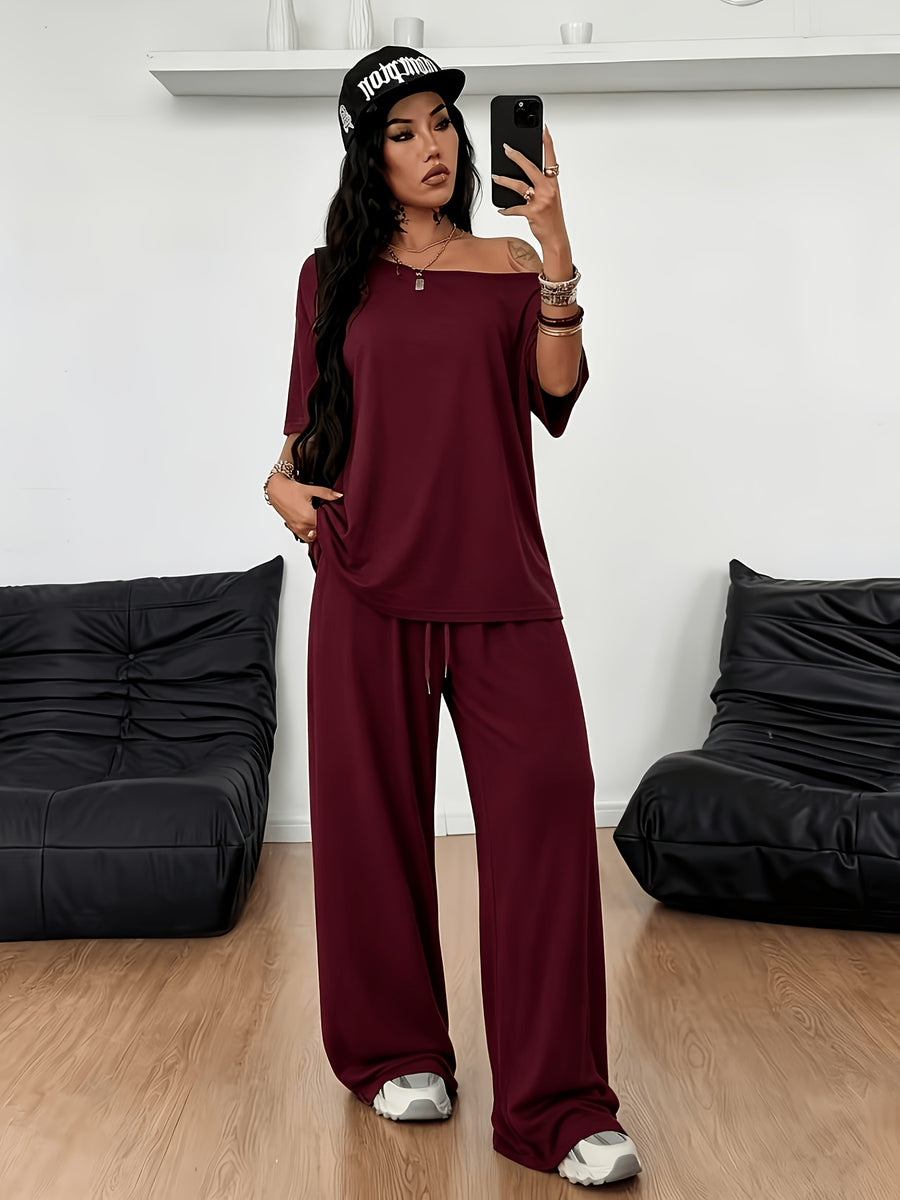Women'S Loose Off-Shoulder Solid Color Top And Straight Leg Pants Athletic Casual Set - Wine Red 2