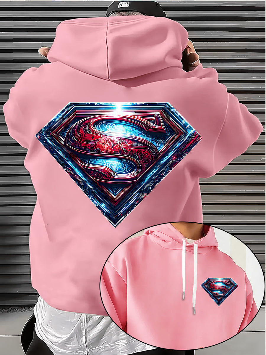 Warner Bros. Official Light and Shadow Superman S-Logo Printed Hooded Sweatshirt — Unisex Loose Pullover, Suitable for Casual, Sports, and Daily Wear, Machine Washable and Warm, for Autumn and Winter - Pink