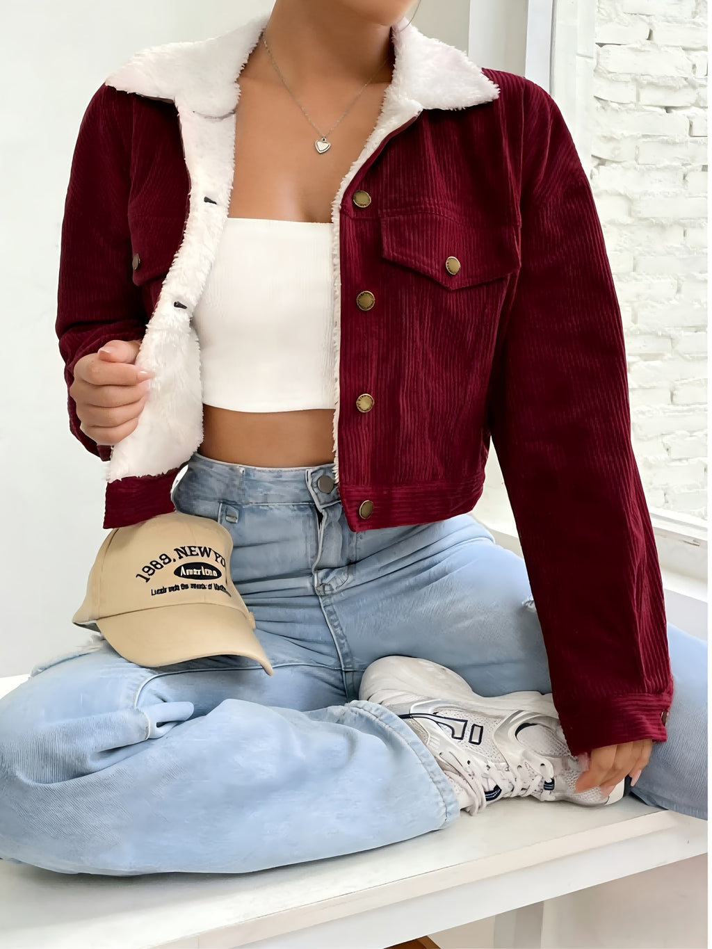 Women'S Short Corduroy And Lamb Jacket for Autumn And Winter, Featuring a Fleece Collar, Versatile Korean-Style Warm Top - Burgundy