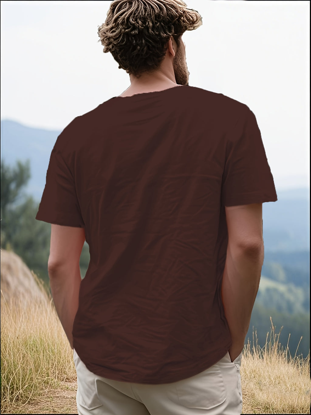 Men's Casual T-Shirt, Versatile Summer Short-Sleeve Top, Fashionable Solid Color Sweatshirt, Crew Neck with Drawstring Design - Lightweight and Breathable, Machine Washable, Suitable for Daily Wear and Outdoor Leisure - Coffee Brown