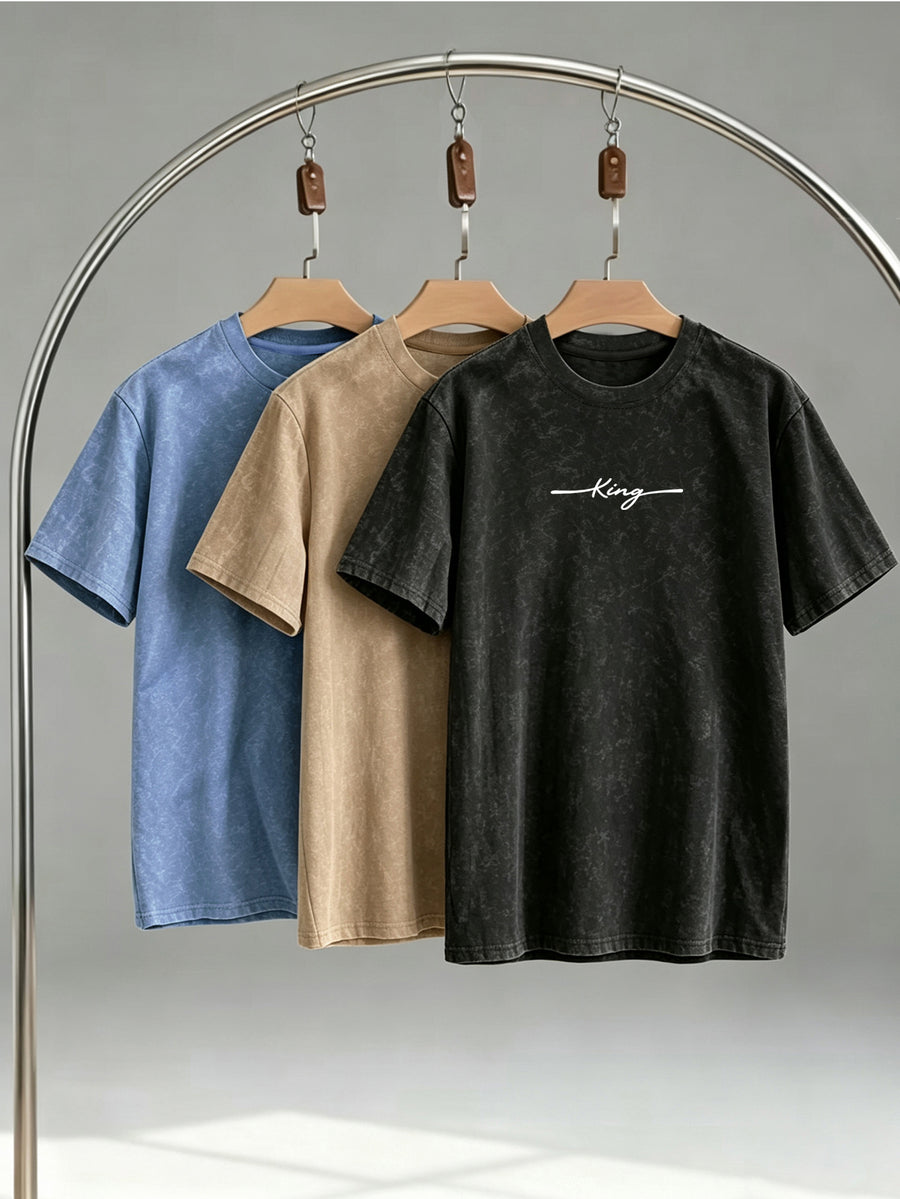 Street Style Distressed Washed Crew Neck Short Sleeve T-Shirt Men's 3pcs Set King Print Casual Top - Light Blue+Khaki+Black