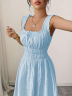 New Women's Textured Floral Fabric, Spaghetti Strap with Bow Waist Design - Elegant and Versatile Women's Dress - Elegant Party Wear, Date Night, 1pc, Buen Fin Shopping Festival, New Year's Daily Wear, Parties, Wedding Night, Stylish and Versatile - Light Blue