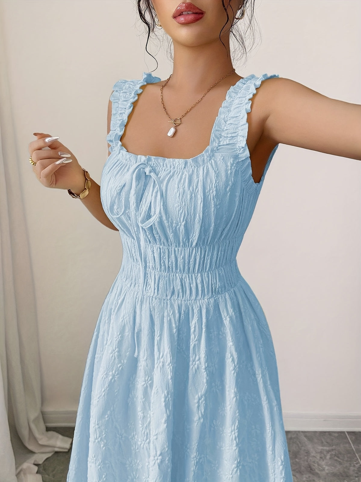 New Women's Textured Floral Fabric, Spaghetti Strap with Bow Waist Design - Elegant and Versatile Women's Dress - Elegant Party Wear, Date Night, 1pc, Buen Fin Shopping Festival, New Year's Daily Wear, Parties, Wedding Night, Stylish and Versatile - Light Blue