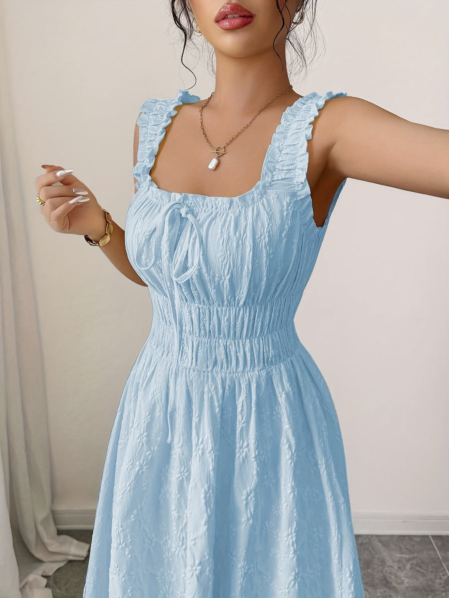 New Women's Textured Floral Fabric, Spaghetti Strap with Bow Waist Design - Elegant and Versatile Women's Dress - Elegant Party Wear, Date Night, 1pc, Buen Fin Shopping Festival, New Year's Daily Wear, Parties, Wedding Night, Stylish and Versatile - Light Blue