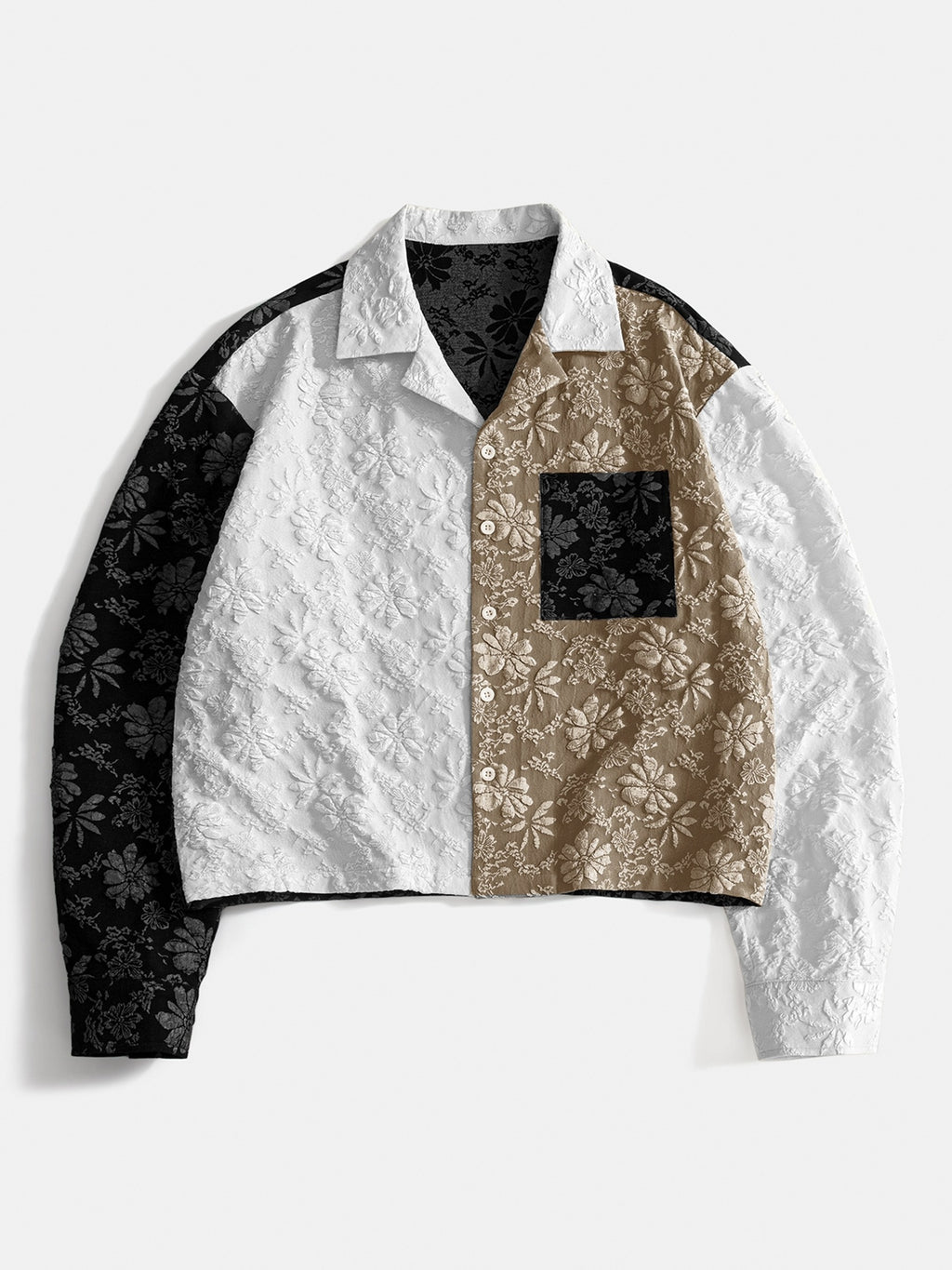 Men'S Shirt Contrast Color Patchwork Jacquard Fabric Trendy Fashion Casual Street New Short Length Spring Autumn Men'S Casual Shirt - Black