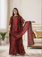 2pcs Set Middle Eastern Women's Printed Fashion Dress - Burgundy