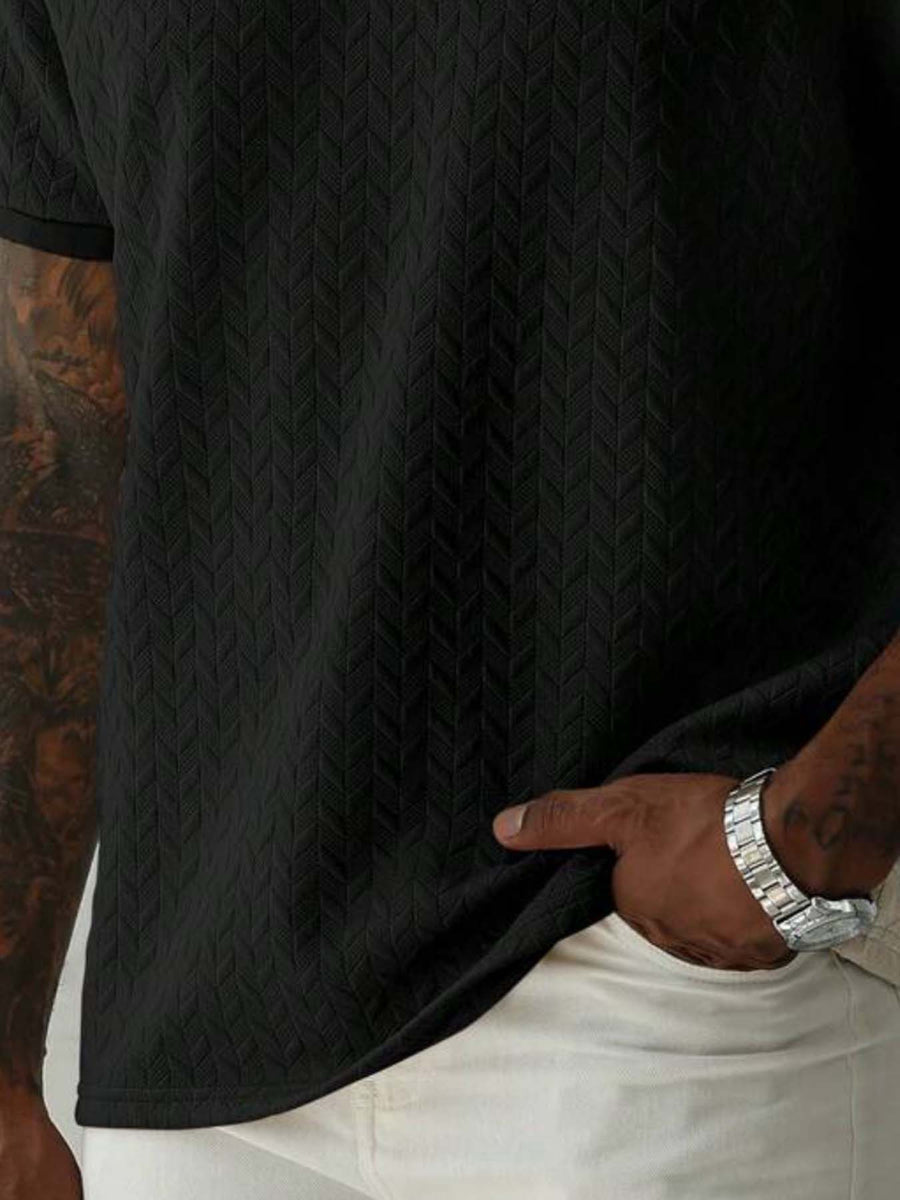 Men'S Summer Fashion Breathable Polo Shirt Short Sleeve, Easy Style, 3D Jacquard Texture Fabric, Vertical Texture Very Good, Zipper Collar Design, Easy Style Small Print Pattern And Zipper Details - Black