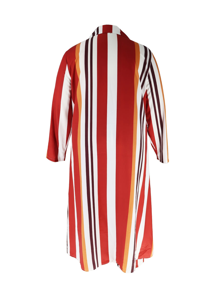 Plus Size Stripe Print Two-piece Set, Collared Button Front Long Sleeve Shirt & Wide Leg Pants Outfits, Women's Plus Size Clothing - Red