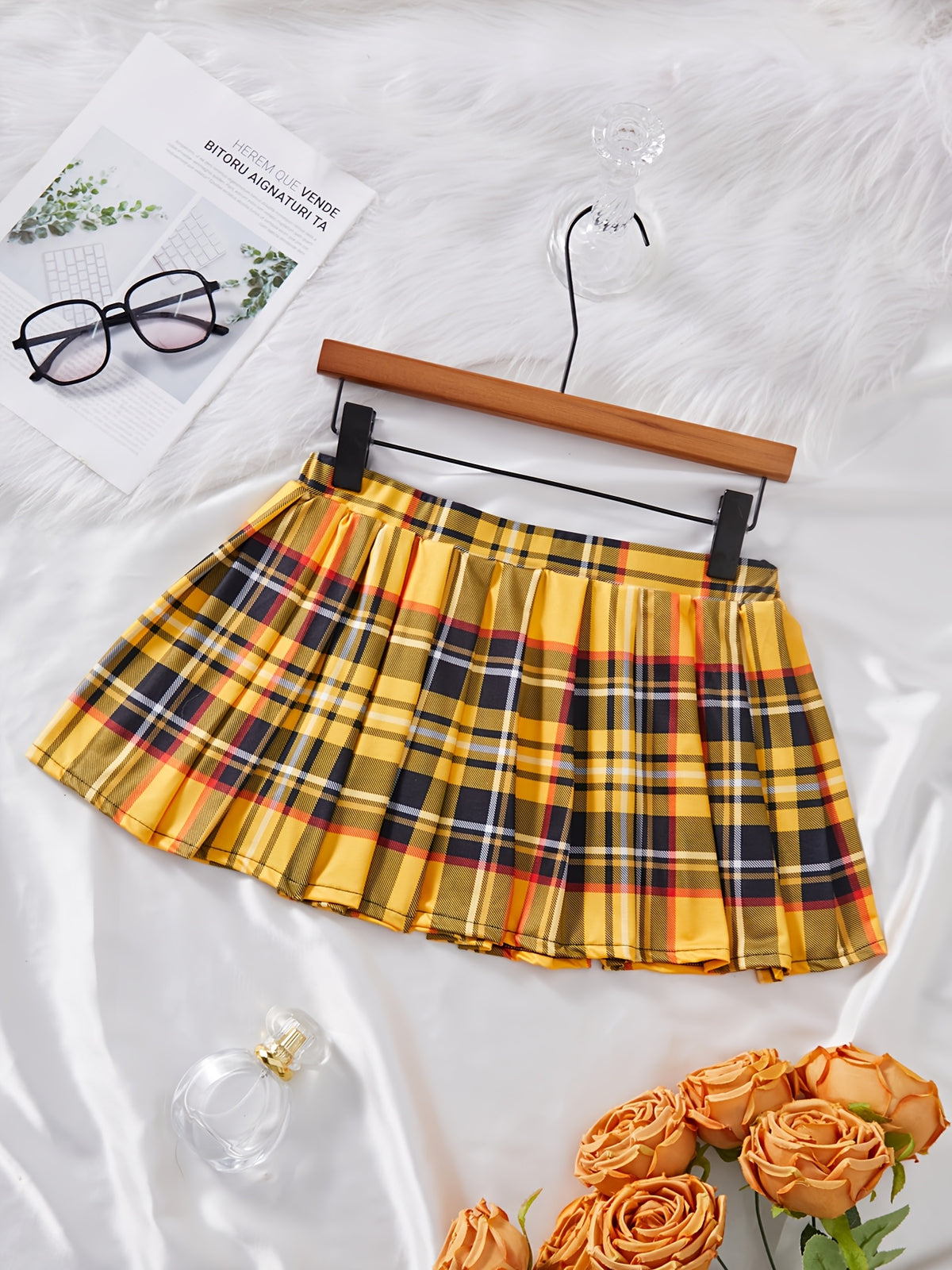Women'S Color Block Plaid Mini Skirt - Yellow