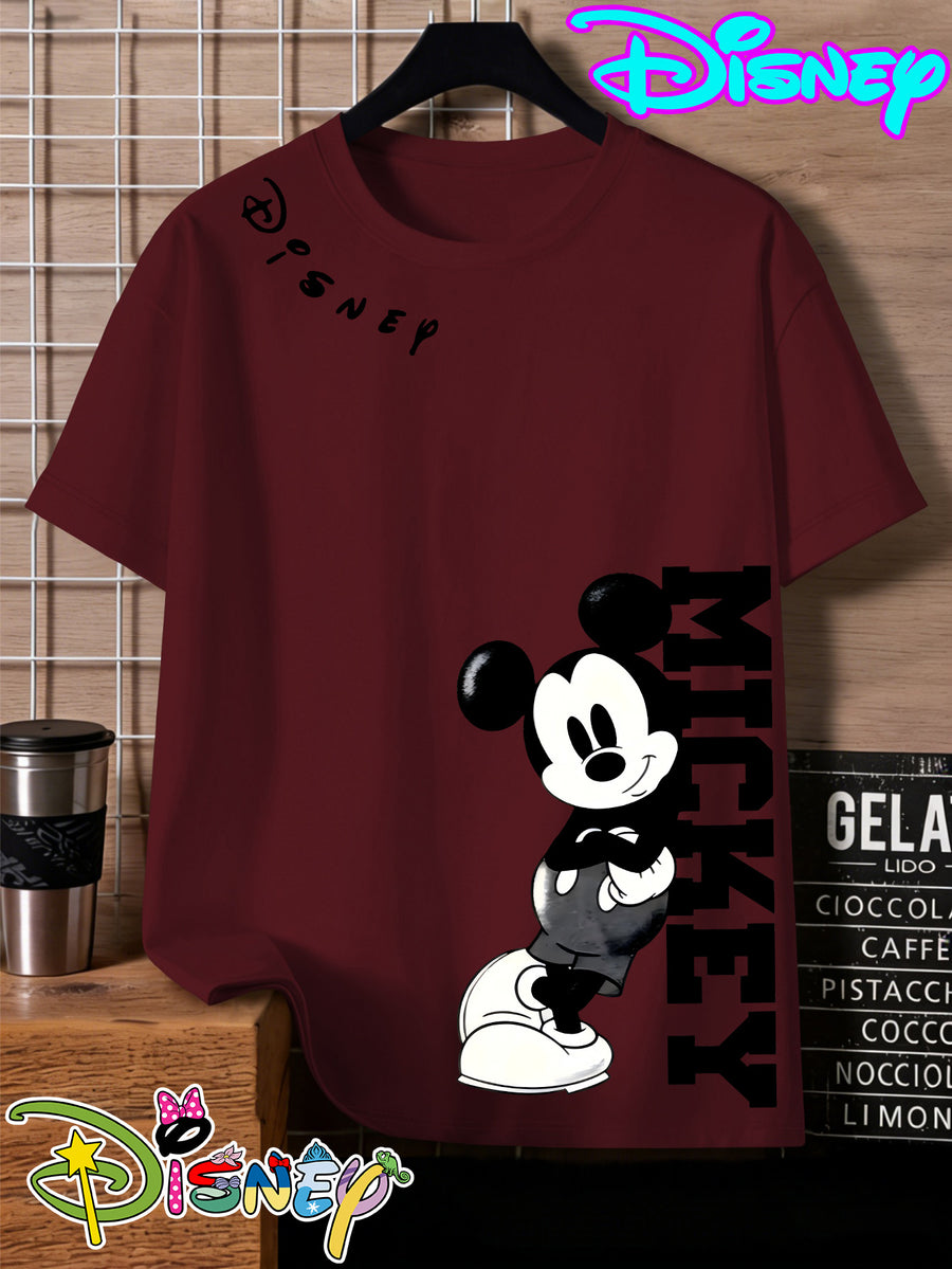 Disney Mickey Black And White Vertical Letter Print Round Neck Short Sleeve T-Shirt, a Minimalist And Trendy Top - Burgundy