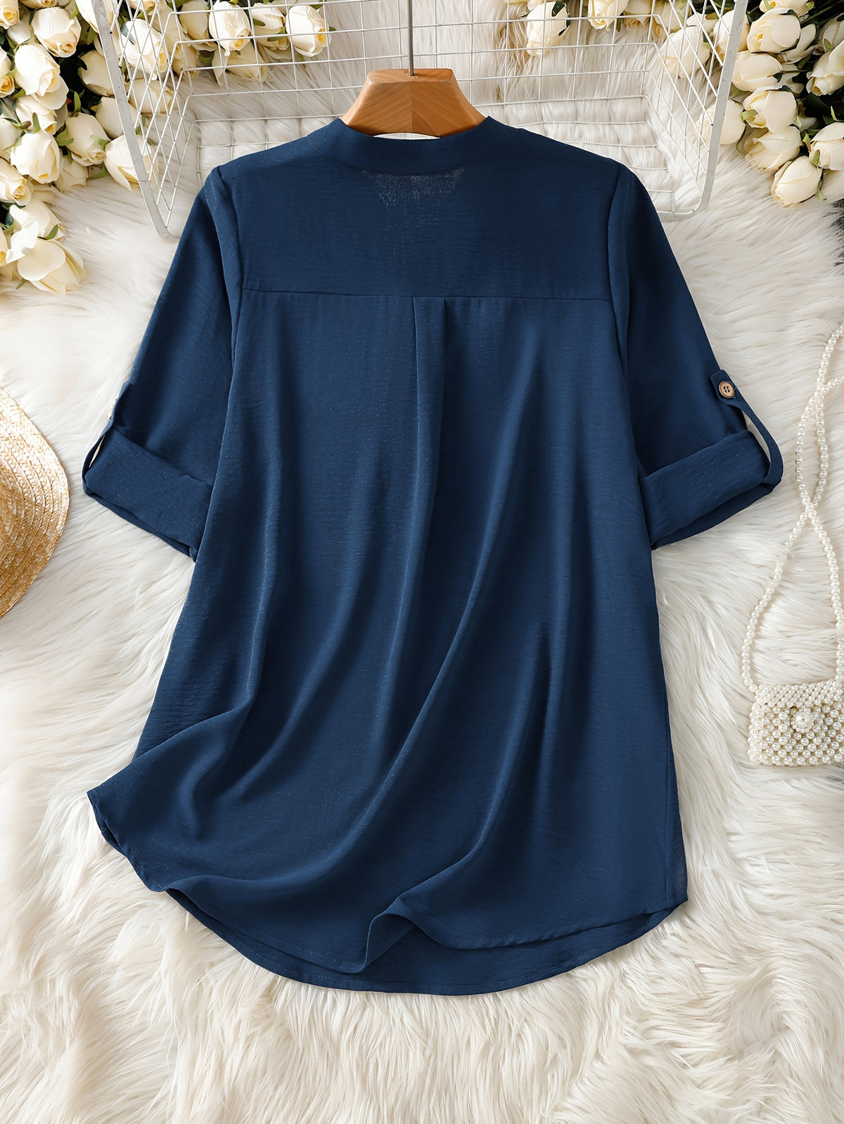 Elegant Women's Simple Casual Daily Short-Sleeve Solid Color Shirt, Spring/Summer Fashion Casual Outing Shirt, BK0608018 - Navy Color