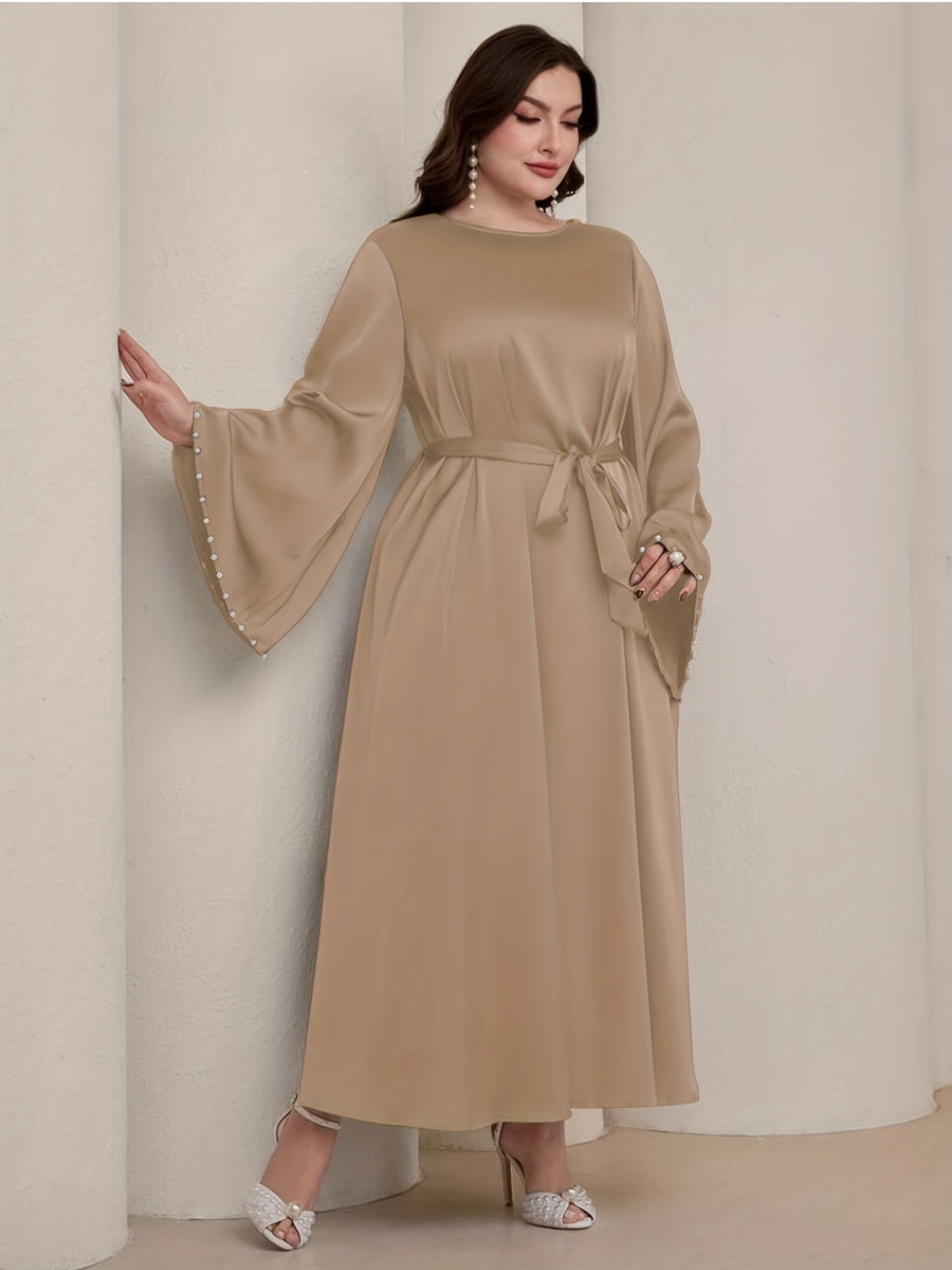 1pc Slim-fit Stretch Abaya Sleeve Front Zipper A-line AbayaElegant Flowing Muslim Robe Convenient Daily Islamic Women's WearStretch Sleeve Front Zipper AbayaSuitable for Daily Commuting, Gatherings with Family Friends, and Islamic Festive Occasions - Khaki