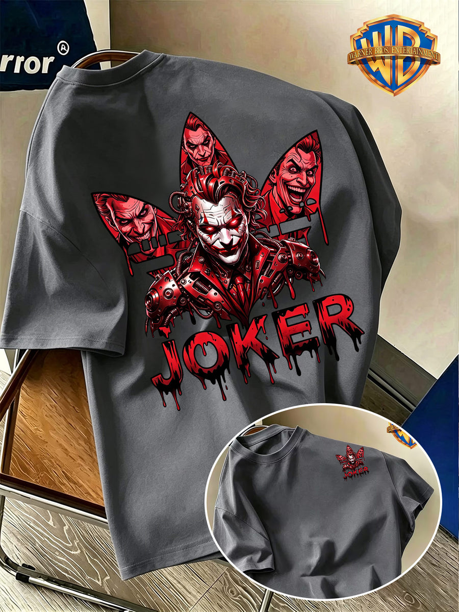 Warner Bros. Official Back-to-School Season Pure Cotton Men's Short-Sleeve T-Shirt, Mechanical Style Red Series with Joker Head Portrait and "JOKER" Enamel-Drop Lettering Creative Graphic Print, Men's Casual Trendy Summer Top, Multiple Sizes - Dark Gray