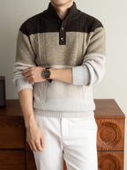 [Whale-Crossing Lan OBM] 1pc Autumn/Winter New Thickened Men'S Knit Pullover Sweater, Old Money Style Color-Block Stand Collar Half-Button Long Sleeve Knit Pullover for Men, Business Casual Fashion Sweater Suitable for Spring, Autumn - Coffee Color