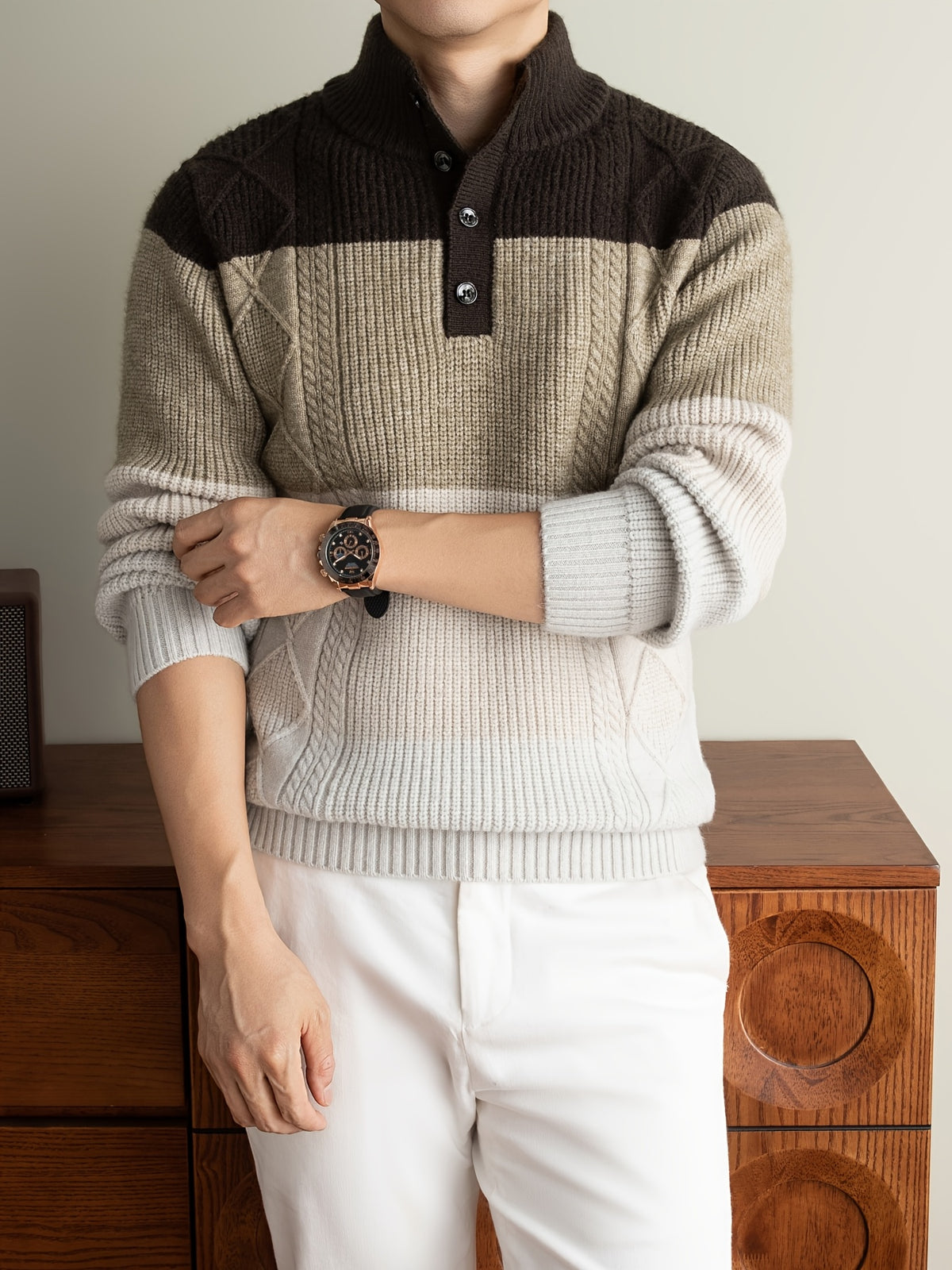 [Whale-Crossing Lan OBM] 1pc Autumn/Winter New Thickened Men'S Knit Pullover Sweater, Old Money Style Color-Block Stand Collar Half-Button Long Sleeve Knit Pullover for Men, Business Casual Fashion Sweater Suitable for Spring, Autumn - Coffee Color
