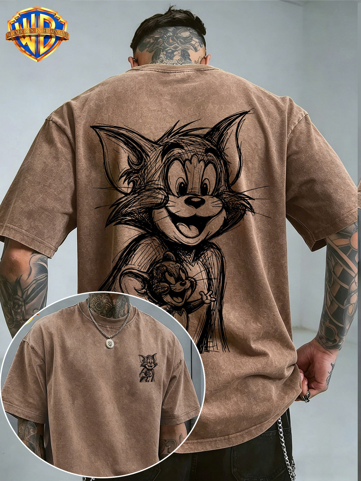 Officially Licensed Warner Bros. Classic Animation Graphic T-Shirt with Sketch-Style Print And Washed, Vintage-Look End; Versatile, Comfortable 100% Men'S Summer Tee Suitable for Outdoor Wear And Workouts - Coffee Brown