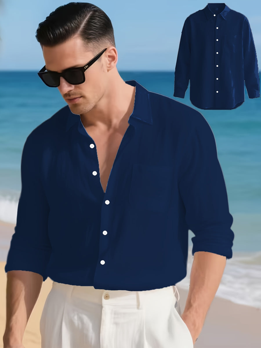 3pcs Men'S Casual Linen Shirts, Long Sleeve Button Tops with Chest Pocket, Lightweight Solid Color Shirts for Daily And Vacation - Navy Color