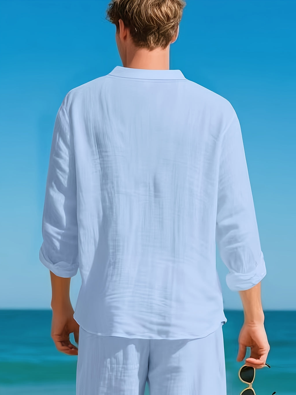 2026 Cross-border American Loose Fit Linen Henley Shirt, All Season Solid Color Breathable Stand Collar Long Sleeve T Shirts for Men Casual Daily Tops - Light Blue