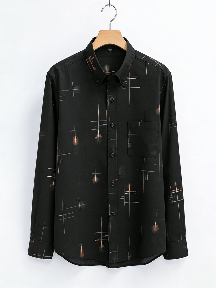 Men'S Long-Sleeve Shirt with Bronzing Print, Business Casual Wrinkle-Resistant Shirt, Light Luxury Versatile Top for Middle-Aged And Young Men - Black